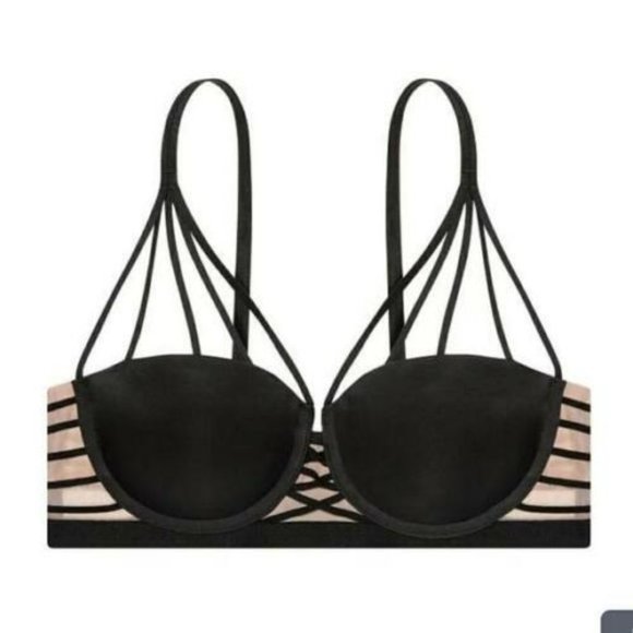 NWT Victoria's Secret Balmain Black Strappy Mesh Long Lightly lined‎ Bra Top 34C - Picture 2 of 7
